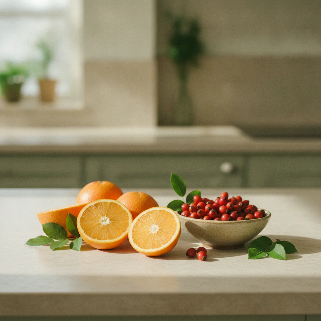 Citrusfrukter och nypon på ett ljust köksbord - naturliga C-vitaminkällor