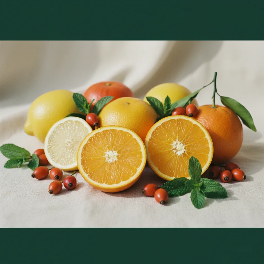Apelsiner, citroner och nypon på ett ljust köksbord - C-vitaminkällor