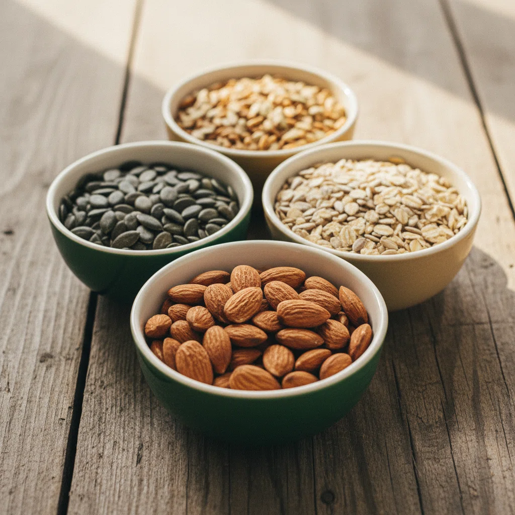 Nötter, frön och fullkorn i keramikskålar på en träyta - B-vitaminkällor